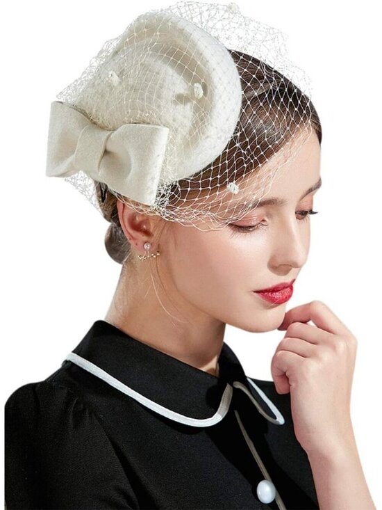 Women\'s Wool Felt Flower Pillbox Hat British Wedding Church Derby Hats White main image 6